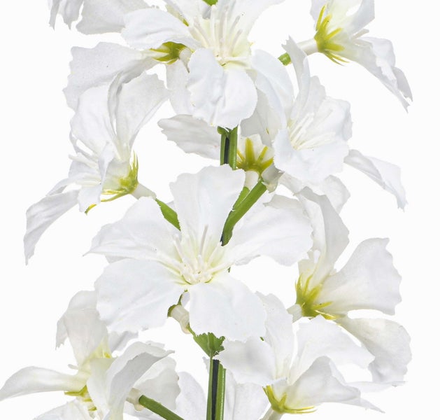 Künstlicher Blumenzweig mit weißen Blüten und grünem Stiel.