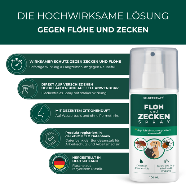 Silberkraft Floh- und Zeckenspray 100ml ml für Hund, Katze & andere Haustiere, ideales Anti-Zecken Mittel, hilft gegen Flöhe, Zecken, Parasiten & Ungeziefer, Made in Germany