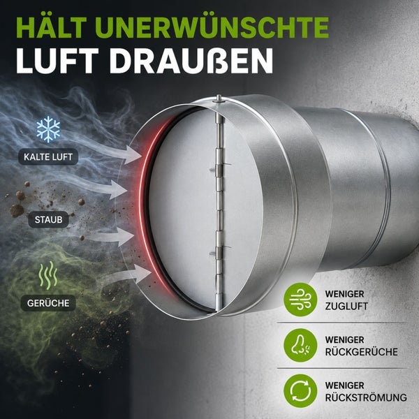 Metall-Rückschlagklappe für Lüftungsrohre, verhindert das Eindringen von Kaltluft, Staub und Gerüchen, reduziert Zugluft und Rückströmung.