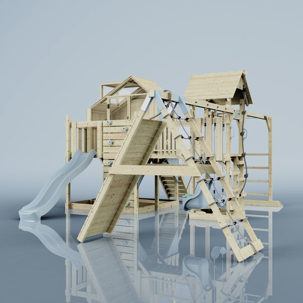 Spielanlage aus Holz mit Rutsche, Kletterwand und Schaukel