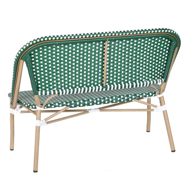 Zweisitzer-Gartenbank mit grün-weißem Kunststoffgeflecht, Gestell in Holzoptik, Bistro-Stil.