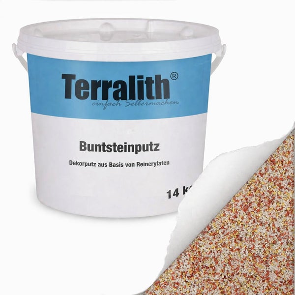 Terralith Buntsteinputz im 14 Kilogramm Eimer mit Detaildarstellung der mehrfarbigen Steinkörnung.