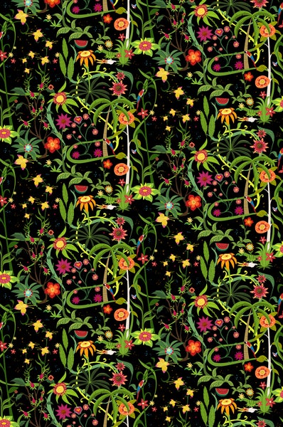 Illustration eines tropischen Musters mit Blumen, Blättern und Papageien