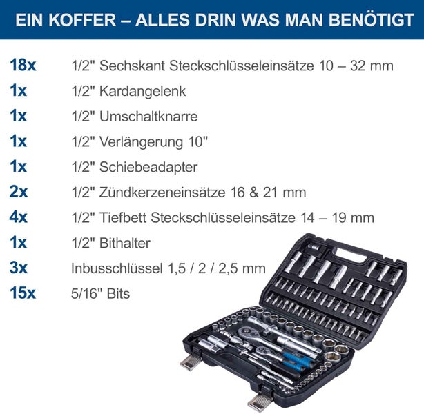 Scheppach Werkzeugkoffer mit Steckschlüssel Satz inklusive Knarren, Stecknüssen und Bits in übersichtlicher Sortierung.