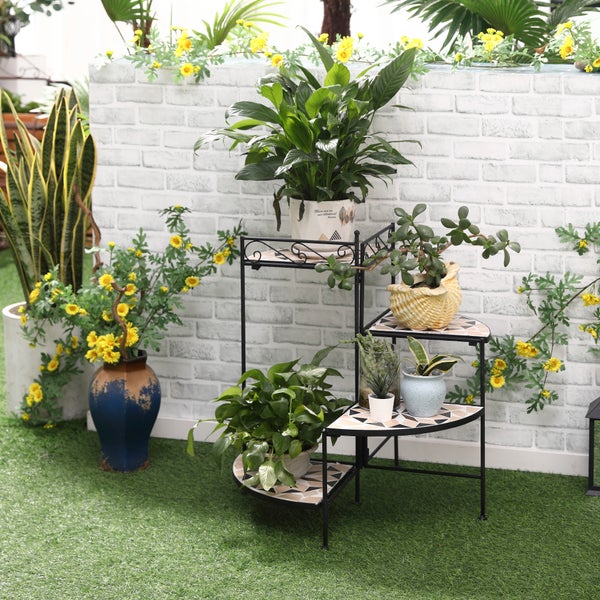 Outsunny Blumenständer 4-Stufe-Blumentreppe faltbar dekorative für Innen und Außen Garten Balkon Metall Keramikfliesen Schwarz+Beige 64 x 64 x 72 cm
