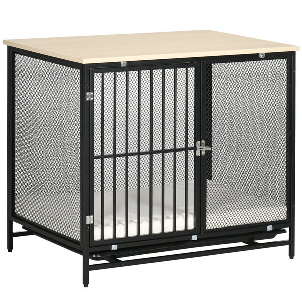 PawHut Hundekäfig für Zuhause, Abschließbar Hundehütte mit Kissen, Hundebox mit Paletten, Hundehaus für mittelgroße Hunde unter 20 kg, Eiche, 88 x 55 x 71 cm