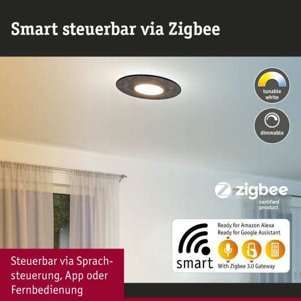 Smarte Zigbee Deckenleuchte, dimmbar mit einstellbarem Weißton, steuerbar über App, Sprache oder Fernbedienung, kompatibel mit Alexa und Google Assistant.