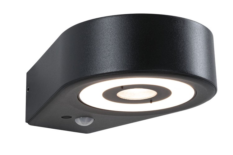 Schwarze LED Außenwandleuchte mit Bewegungsmelder, runde Form, Lichtstrahl nach unten gerichtet.