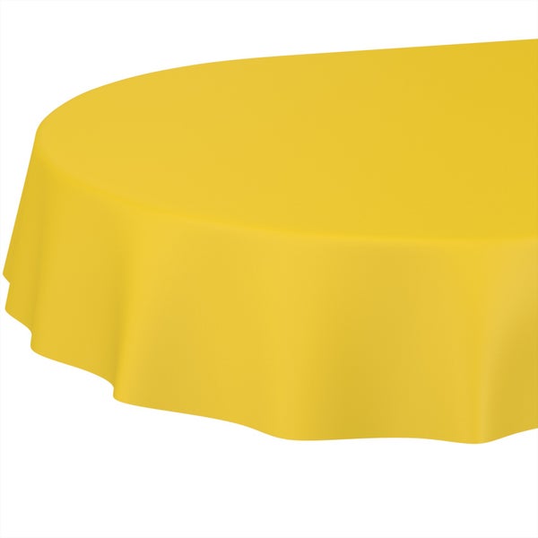 Gelbe runde Tischdecke aus Stoff.