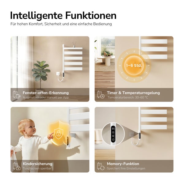 Infografik zu Funktionen eines Badheizkörpers: Fenster-offen-Erkennung, Timer, Temperaturregelung 30 bis 60 Grad, Kindersicherung und Memory-Funktion.