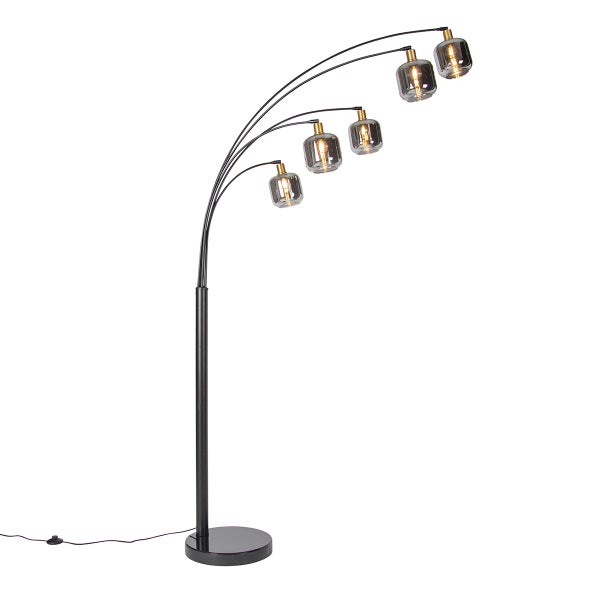 QAZQA - Modern Stehlampe Schwarz mit Gold I Messing mit Rauchglas 5 Lichter - Zuzanna I Wohnzimmer I Schlafzimmer - Länglich - LED geeignet E14