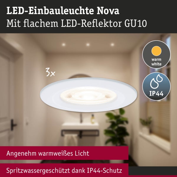 LED-Einbauleuchte Nova im 3er Set mit flachem GU10-Reflektor, warmweißem Licht und IP44-Spritzwasserschutz für das Badezimmer.