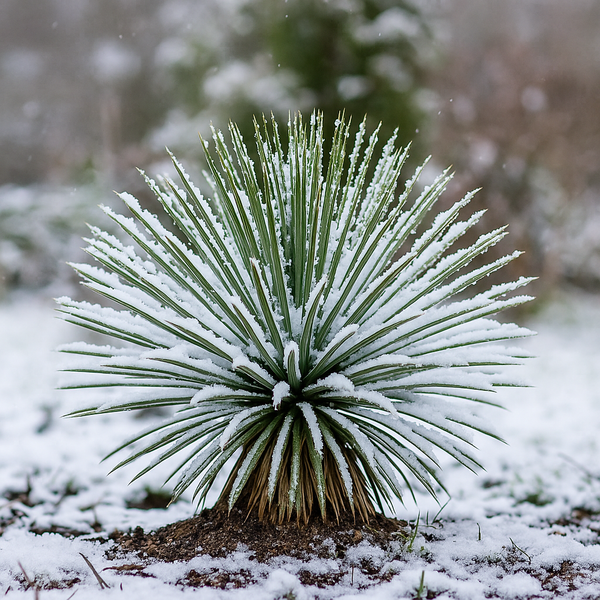 Eine Yucca-Palme im Wintergarten, mit Schnee bedeckt