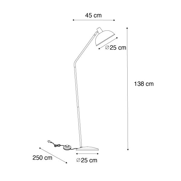Skizze einer Stehlampe mit den Maßen 45 cm Breite Lampenschirm, 25 cm Durchmesser Lampenschirm, 138 cm Höhe, 250 cm Kabellänge und 25 cm Durchmesser Lampenfuß