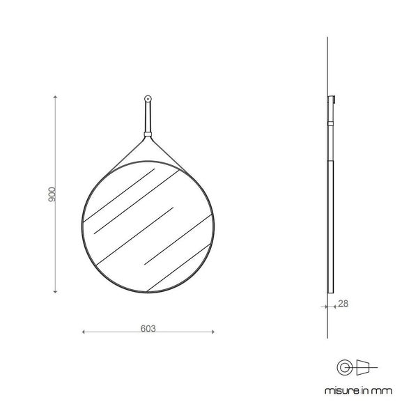 Design Badezimmerspiegel mit schwarzem Lederrahmen Durchmesser 60 cm