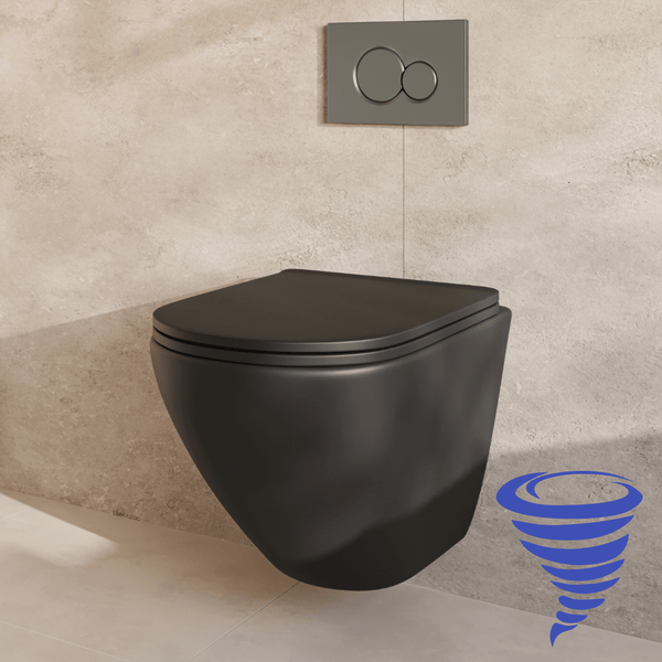 Wandhänge WC in mattem Design mit passendem WC Sitz und Betätigungsplatte an einer gefliesten Wand mit Spültechnologie Symbol