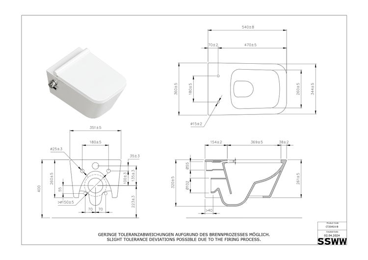SSWW DELTA CT2041V-B – Hänge-Dusch-WC mit Taharetfunktion, Softclose & Warm-Kalt-Armatur