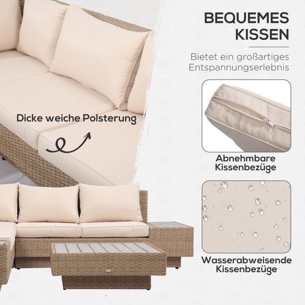 Garten-Lounge-Set aus Polyrattan mit dicken, wasserabweisenden Polstern und abnehmbaren Kissenbezügen mit Reißverschluss.