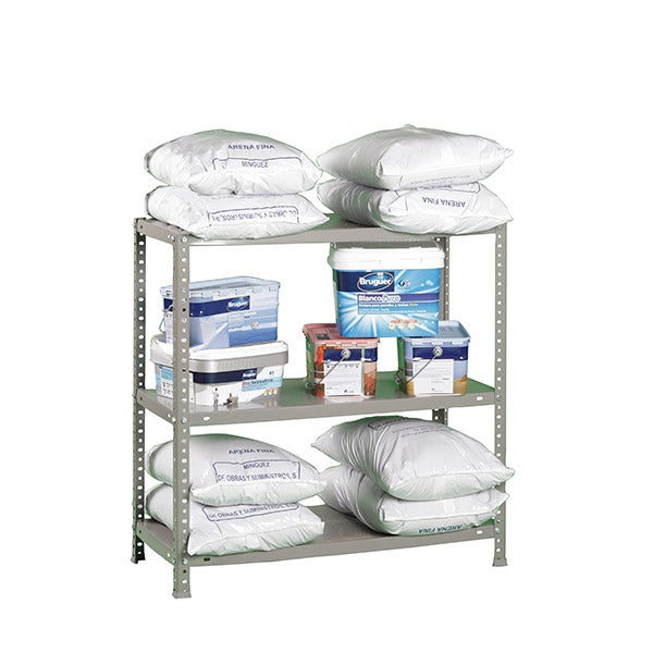 Metallregal mit drei Fachböden, beladen mit Sandsäcken und verschiedenen Farbeimern.