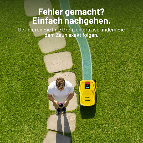 VONROC Mähroboter auf Rasen in Vogelperspektive, gesteuert von einem Mann mit Smartphone zur präzisen Grenzendefinition.
