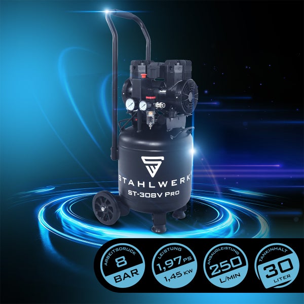 STAHLWERK ST-308V PRO fahrbarer Kompressor mit 30 Litern Tankvolumen und 8 Bar Arbeitsdruck