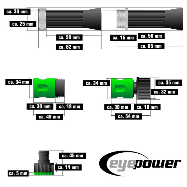 Technische Zeichnung verschiedener Schlauchkupplungen und Adapter mit Maßangaben in Millimetern und das Eyepower Logo.