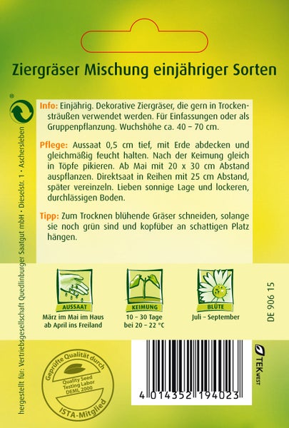 Rückseite der Samentüte für Ziergräser-Mischung mit Informationen zu Aussaat ab März, Keimung und Blütezeit von Juli bis September.