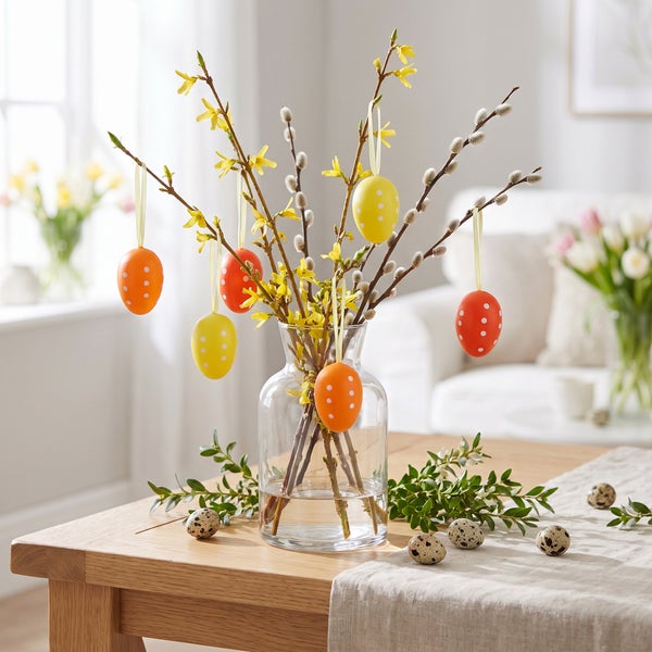 Osterstrauß aus Weidenzweigen und Forsythien in einer Glasvase, dekoriert mit gepunkteten Ostereiern und Wachteleiern auf einem Holztisch.