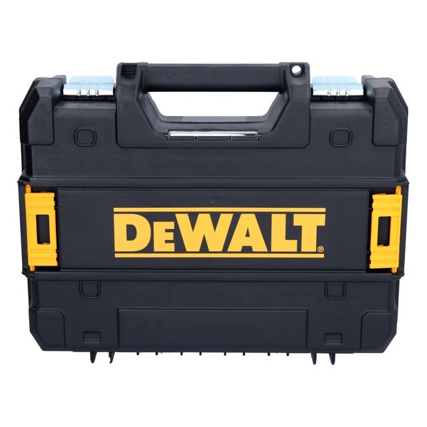 Robuster DeWALT Werkzeugkoffer aus schwarzem Kunststoff mit Tragegriff, Metallverschlüssen und DeWALT Logo.