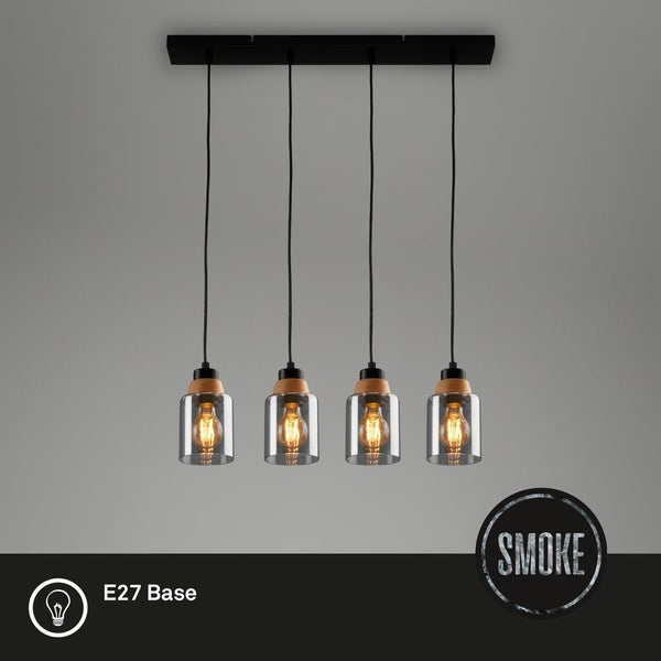 Pendant light, with wood, smoked glass, 4xE27/max.