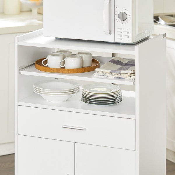 Küchenwagen mit Mikrowelle, Geschirr und Schubladen