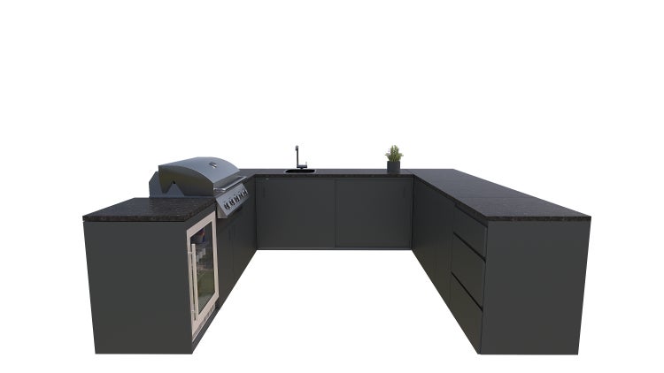 Moderne Outdoor-Küche mit Grill, Spüle, Kühlschrank und Arbeitsflächen.
