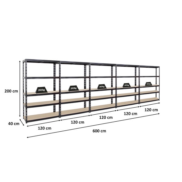 PROREGAL Mega Deal 5x Schwerlastregal Giant Tiger HxBxT 200 x 120 x 40 cm Fachlast 265 kg 5-Ebenen Schwarz