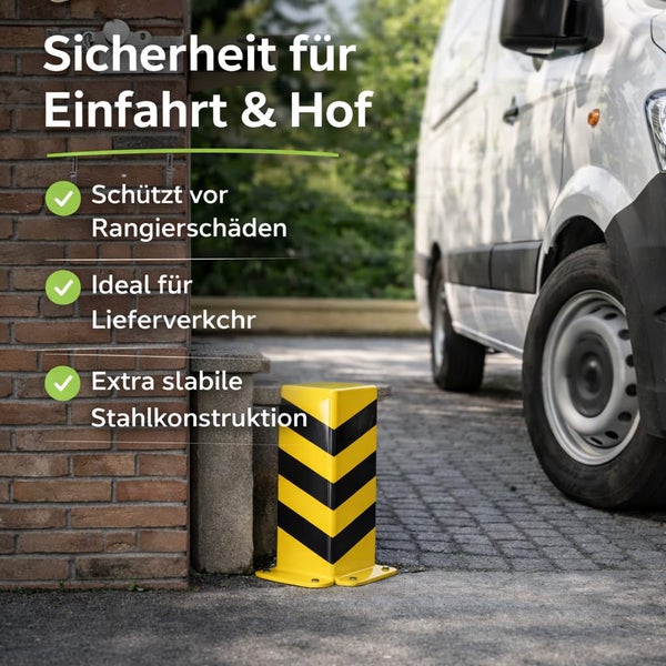 Gelb-schwarz gestreifter Rammschutz aus Stahl an einer Wandecke in einer Einfahrt zum Schutz vor Rangierschäden durch Fahrzeuge.