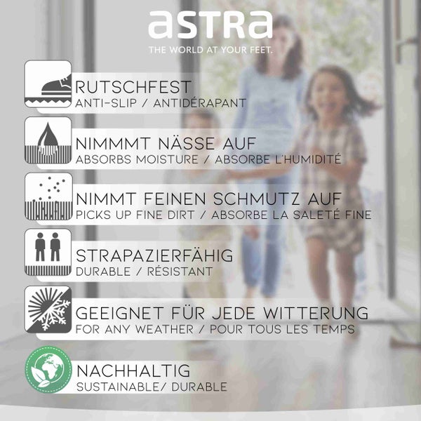 Astra Produkteigenschaften: rutschfest, nimmt Nässe auf, nimmt feinen Schmutz auf, strapazierfähig, geeignet für jede Witterung, nachhaltig
