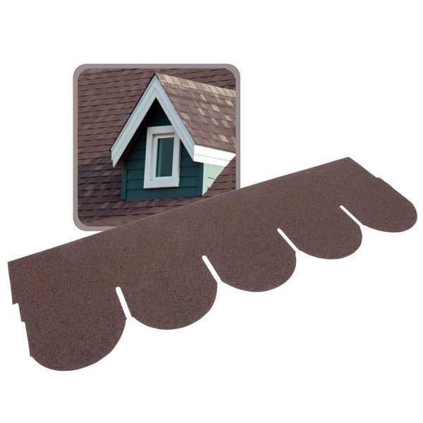 Bitumenschindeln in Biberschwanzform für die Dacheindeckung in Braun inklusive Anwendungsbeispiel an einem Dach mit Fenster.