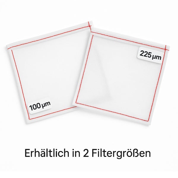 Zwei quadratische Filterbeutel aus weißem Netzgewebe mit roter Naht, erhältlich in den Größen 100 Mikrometer und 225 Mikrometer.