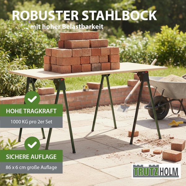 Zwei Trutzholm Stahlböcke im Set tragen eine mit Ziegeln beladene Holzplatte auf einer Terrasse. Tragkraft 1000 Kilogramm, Auflage 86 mal 6 Zentimeter.