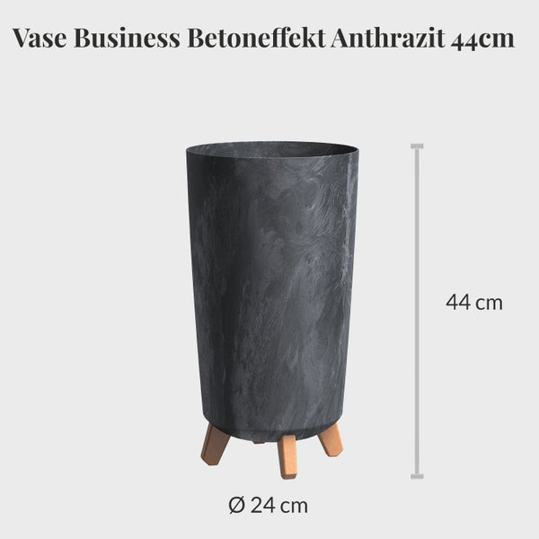 Anthrazitfarbene Vase mit Betoneffekt und Holzfüßen, 44 cm hoch