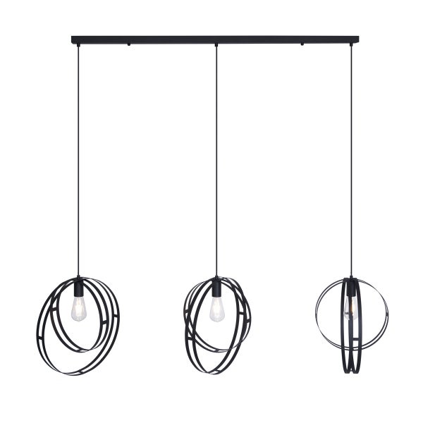 Moderne dreiflammige Pendelleuchte aus Metall mit dekorativen Ringen und freiliegenden Leuchtmitteln für eine stilvolle Beleuchtung