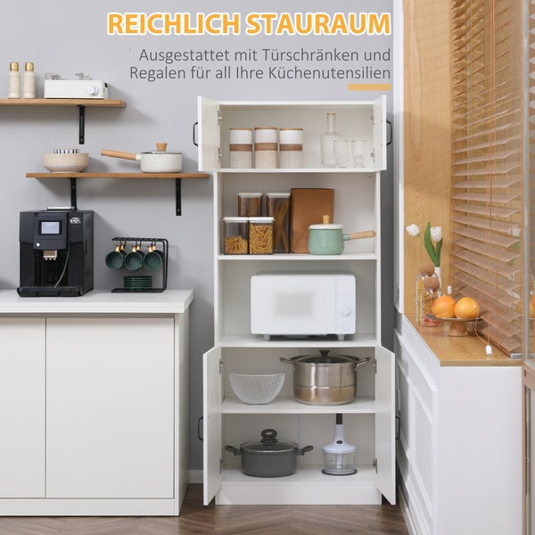 HOMCOM Küchenschrank Küchenbuffet Hochschrank mit 2 Regalen und 2 Schränken Esszimmerschrank mit verstellbaren Regalböden Mikrowellenregal Anti-Kipp-Gurt Landhausstil Weiß
