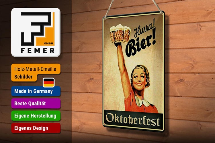Blechschild Spruch 20x30cm Oktoberfest Hurra Frau mit Bier