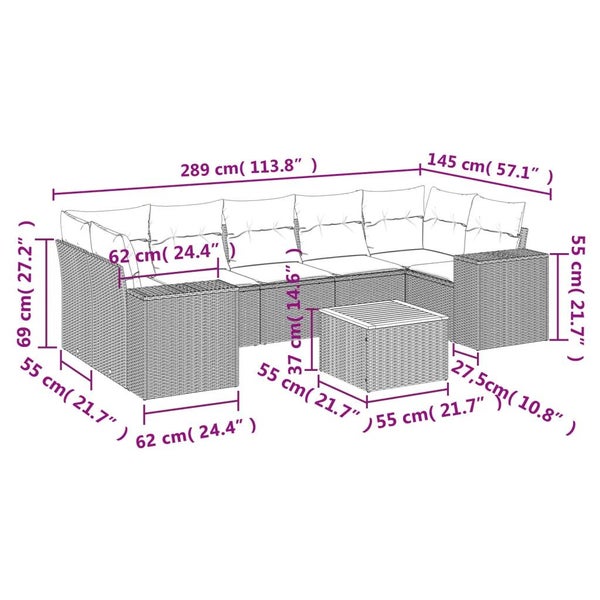 8-tlg. Garten-Sofagarnitur mit Kissen Grau Poly Rattan