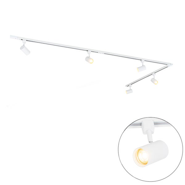 Weißes Schienensystem mit fünf verstellbaren Strahlern und Detailansicht eines eingeschalteten Spots.