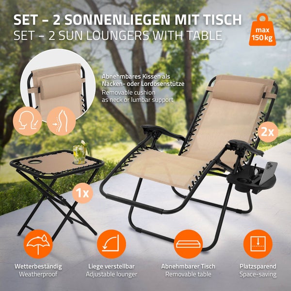 ML-Design 3-teiliges Sonnenliege Set klappbar, Gartenliege Set mit Tisch, Taupe, Liegestuhl mit verstellbarem Kopfpolster & Rückenlehne, wetterfest/Outdoor, Relaxliege Gartenstuhl mit Getränkehalter