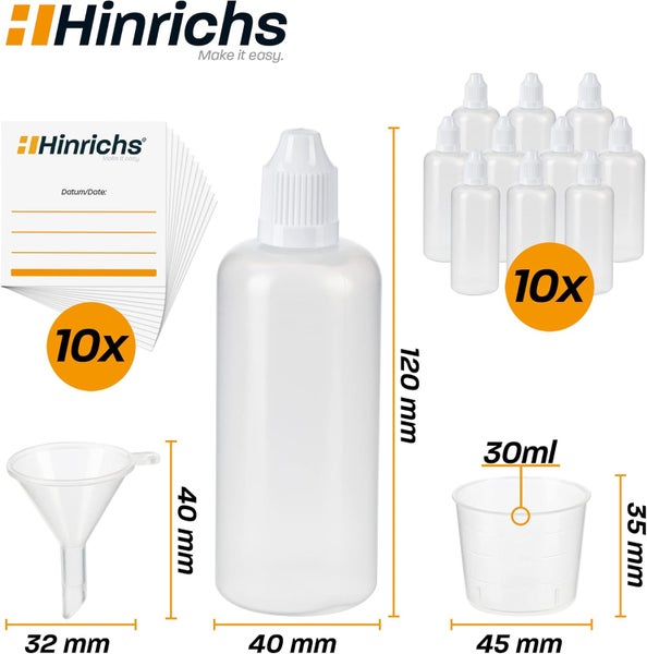 Hinrichs Logo. Hinrichs Leerflaschen-Set mit 10 Dosierflaschen 30 Milliliter, Etiketten, Trichter und Messbecher mit Maßen in Millimeter.