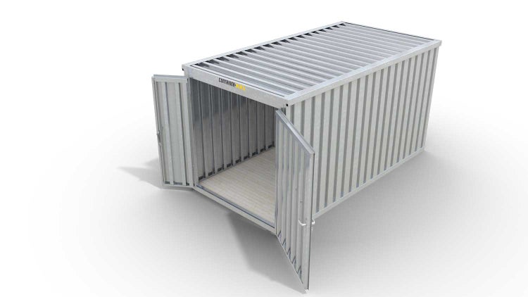 Lagercontainer Gerätehaus XXL  – 12 qm, H2150 x B6080 x T2170 mm, verzinkt, mit Holzfußboden, 1830 mm Doppelflügeltür mittig in Stirnseite, zerlegt