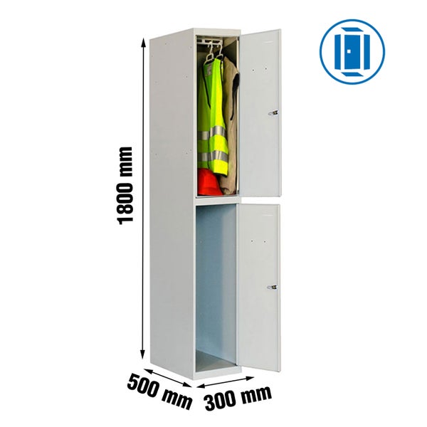 Schrank mit zwei Fächern, teilweise geöffnet, Maße 1800 x 500 x 300 Millimeter