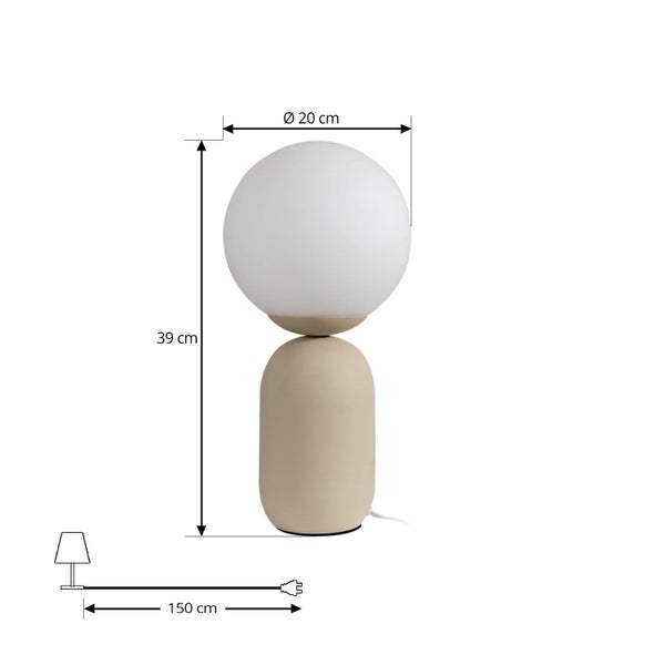 Abmessungen der Tischleuchte: 39 cm Höhe, Lampenschirmdurchmesser 20 cm und 150 cm Kabellänge