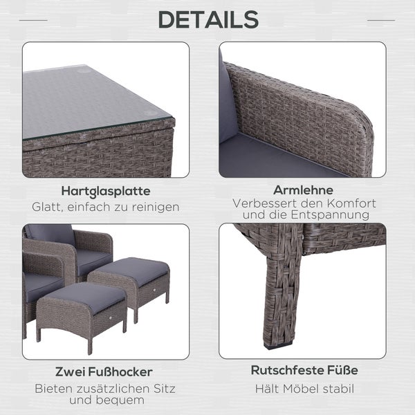 Outsunny 5-tlg. Gartenmöbel-Set, L71 x B67 x H75 cm, Polyrattan, Metall, 180g/m²-Polyester, Hartglas, grau
